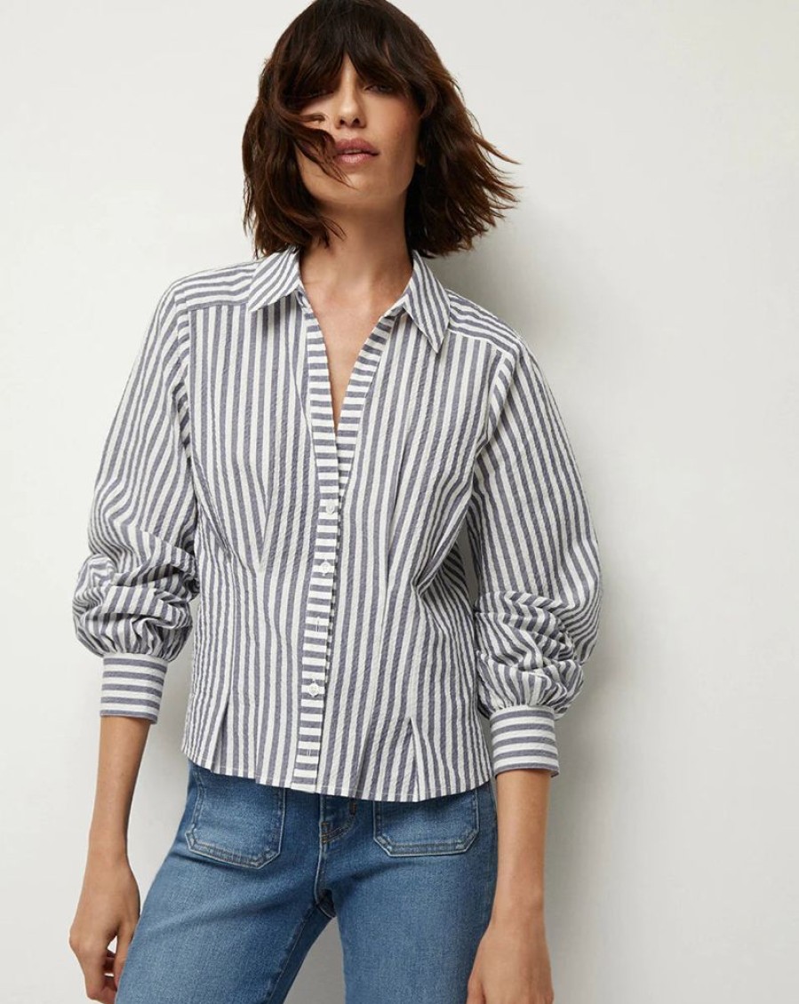 Apparel Veronica Beard | Ertha Striped Seersucker Top Navy Off White