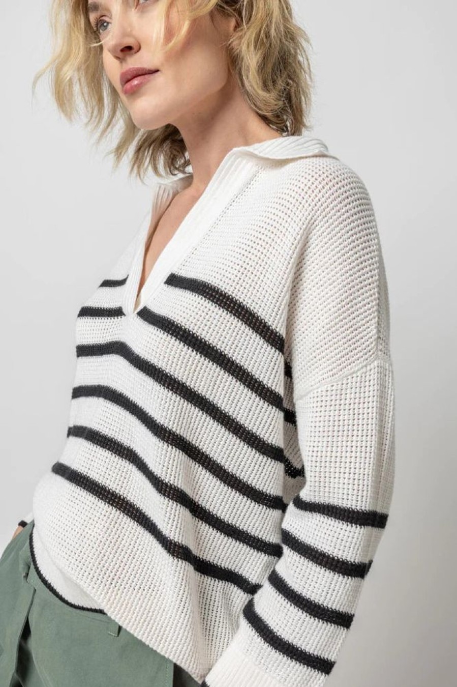 Apparel Lilla P | Textured Stripe Polo Sweater White/ Black