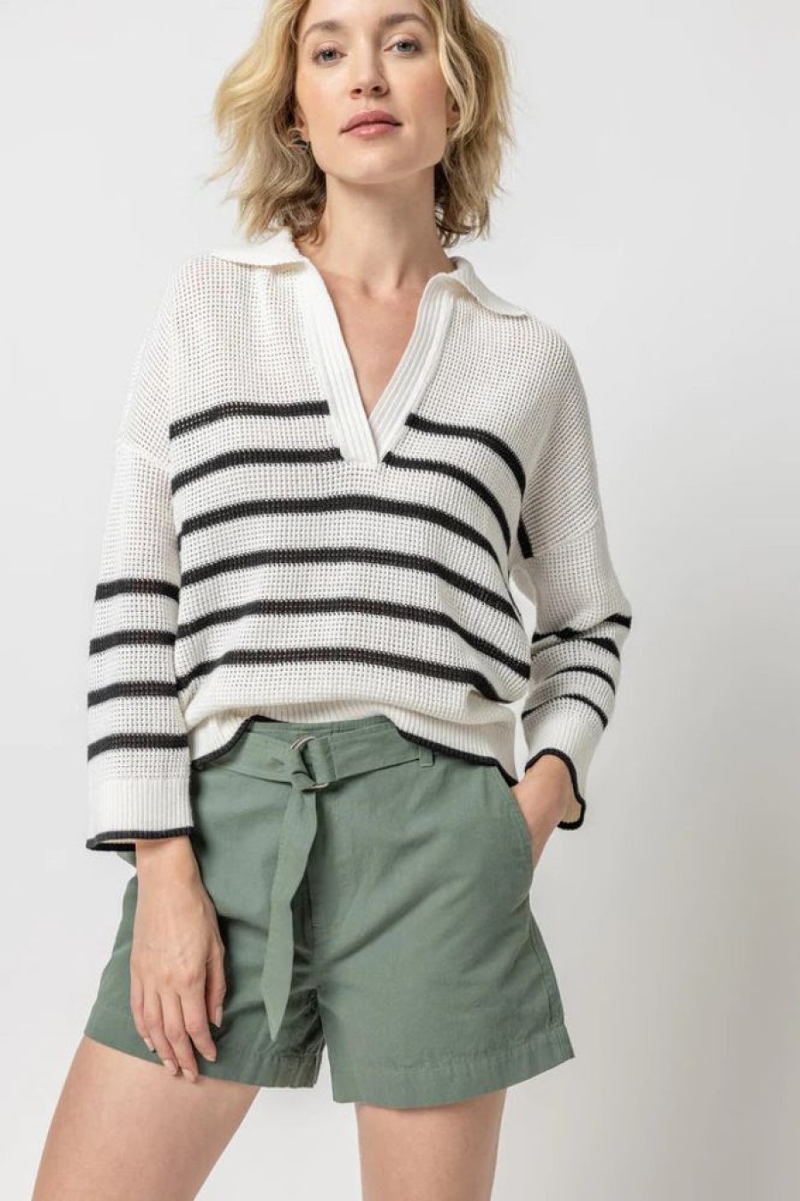 Apparel Lilla P | Textured Stripe Polo Sweater White/ Black