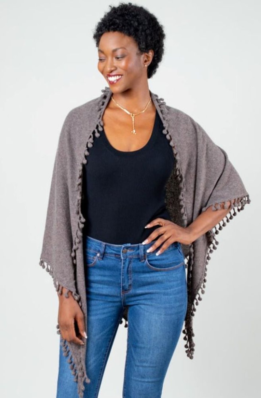 Jewelry + Accessories Alpine Cashmere Scarves | Pom Pom Triangle Wrap Walnut