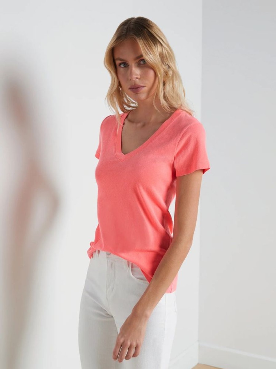 Apparel L'Agence | Becca Cotton V-Neck Tee Neon Coral