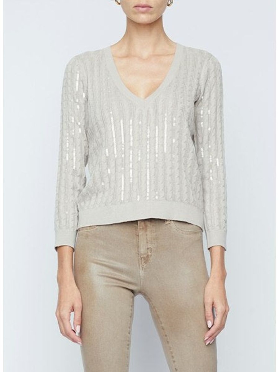 Apparel L'Agence | Trinity Sequin V-Neck Pale Neutral