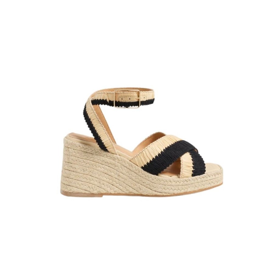 Shoes Castaner | Tatiana Raffia Ankle Strap Wedge Espadrille Natural/Negro