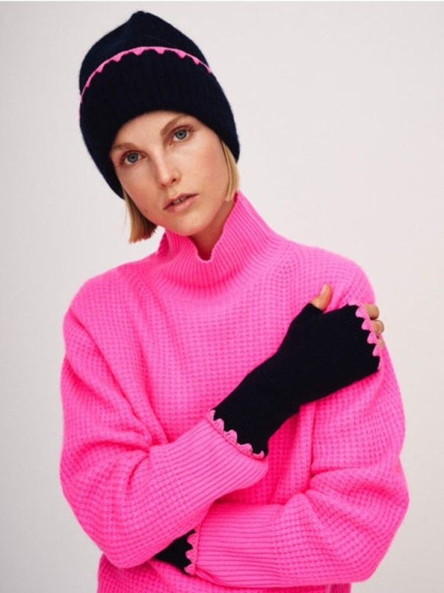 Jewelry + Accessories White + Warren Hats & Gloves | Cashmere Crochet Trim Handwarmer Navy/ Pink