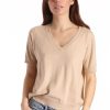 Apparel Minnie Rose | Cotton Cashmere Frayed V-Neck Tee Brown Sugar