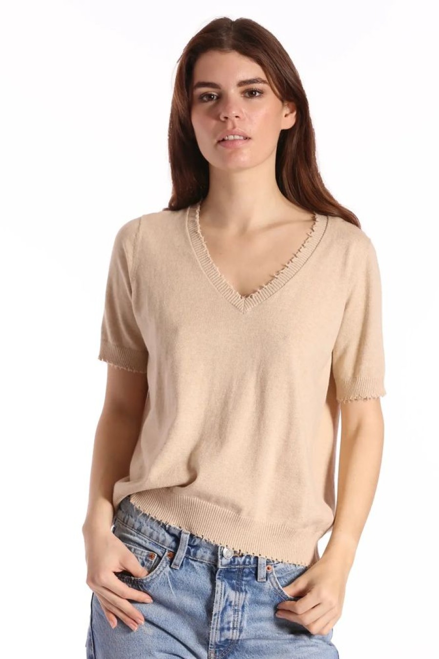 Apparel Minnie Rose | Cotton Cashmere Frayed V-Neck Tee Brown Sugar