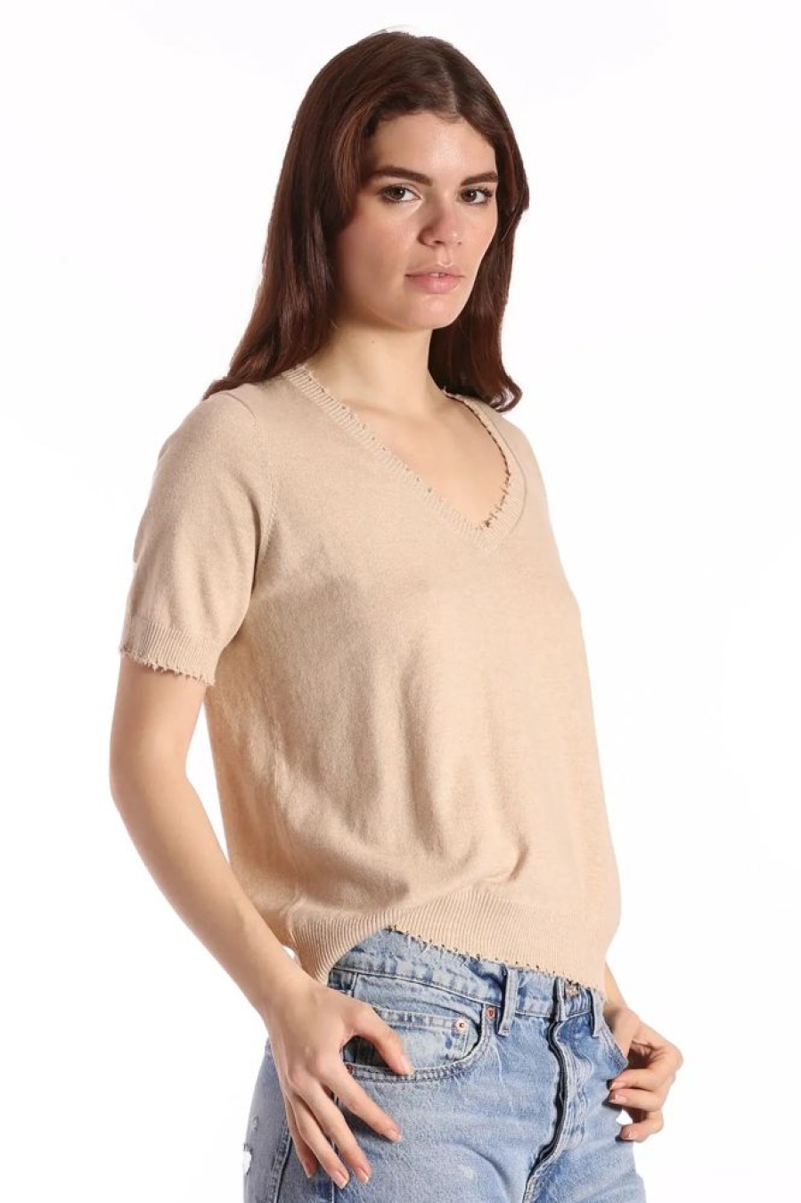 Apparel Minnie Rose | Cotton Cashmere Frayed V-Neck Tee Brown Sugar