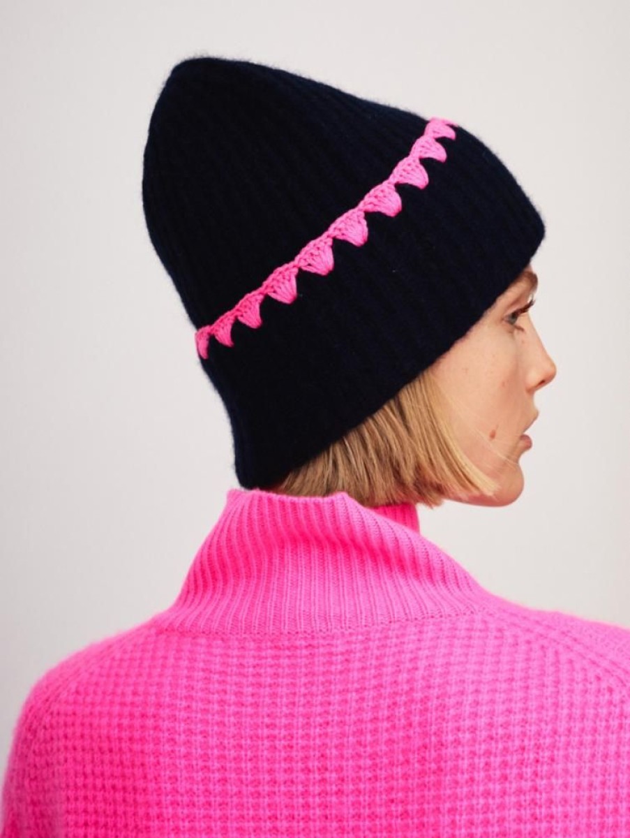 Jewelry + Accessories White + Warren Hats & Gloves | Cashmere Crochet Trim Luxe Ribbed Beanie Navy/ Pink