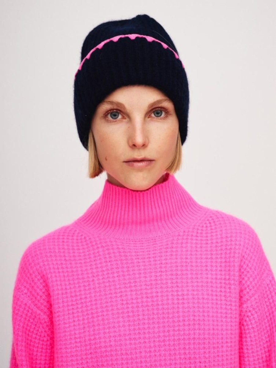 Jewelry + Accessories White + Warren Hats & Gloves | Cashmere Crochet Trim Luxe Ribbed Beanie Navy/ Pink