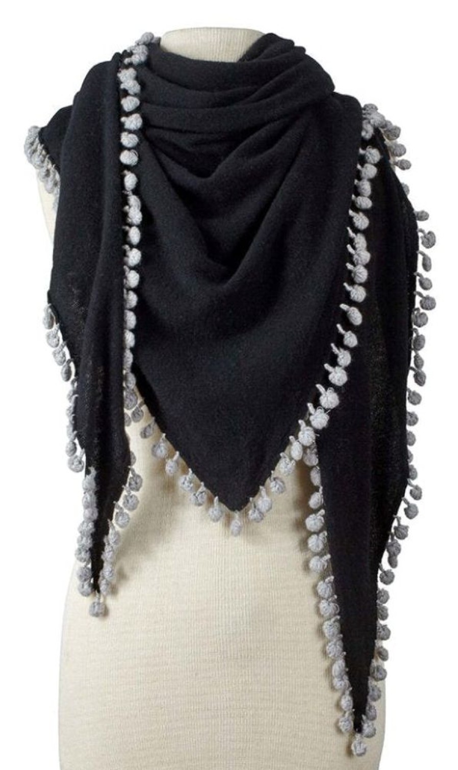 Jewelry + Accessories Alpine Cashmere Scarves | Pom Pom Triangle Wrap Black/ Birch