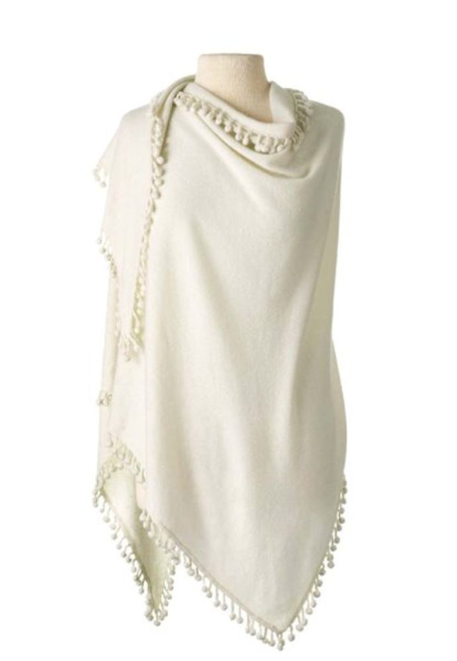 Jewelry + Accessories Alpine Cashmere Scarves | Pom Pom Triangle Wrap Ivory