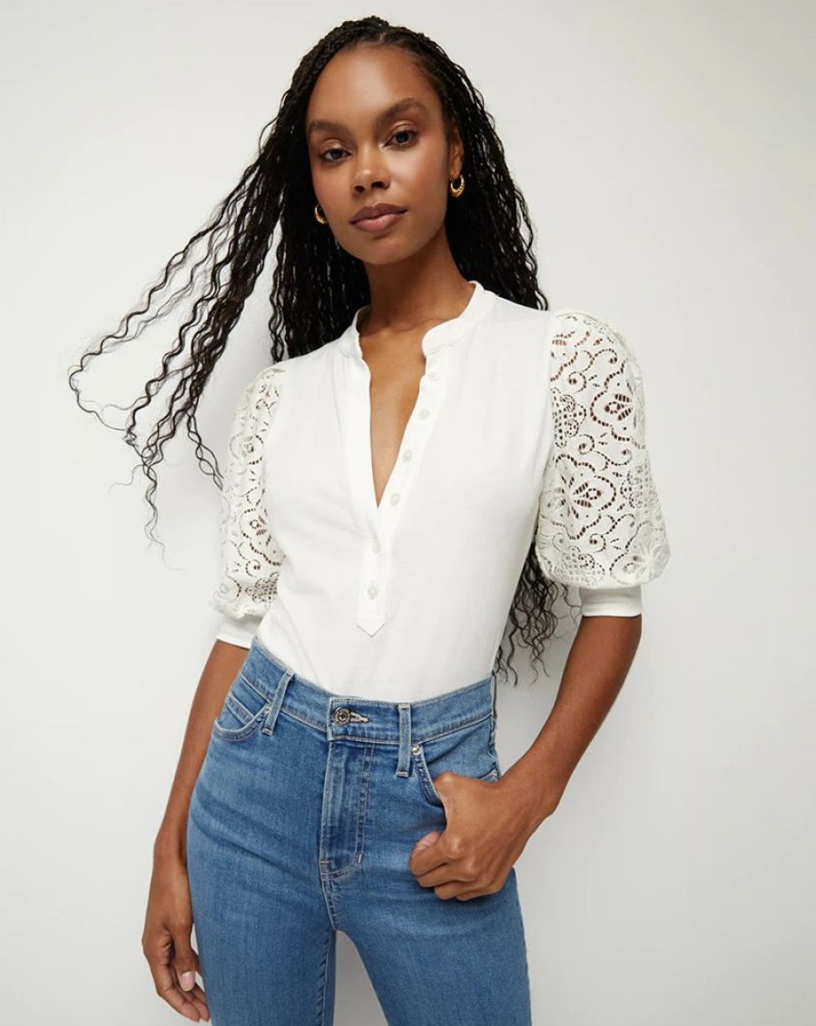 Apparel Veronica Beard | Coralee Lace Puff-Sleeve Top Off-White