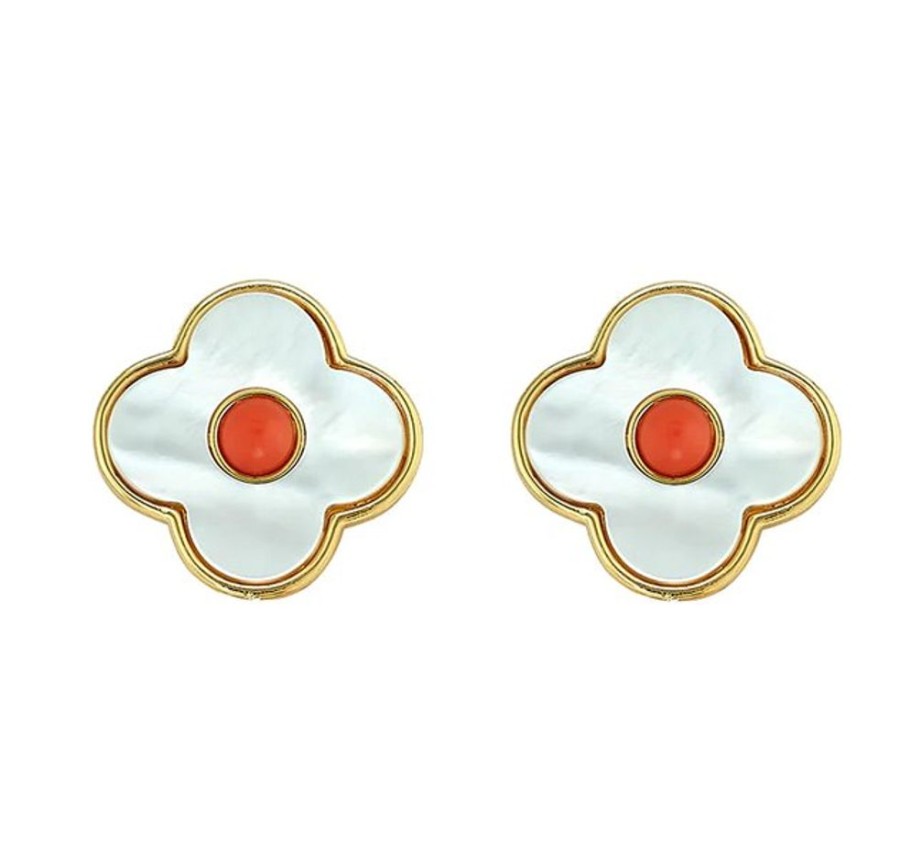 Jewelry + Accessories ASHA Earrings | Clover Stud Coral