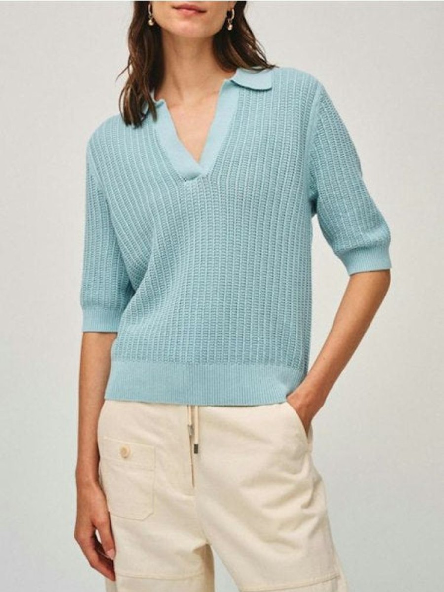 Apparel White + Warren | Organic Cotton Cashmere Mesh Polo Top Soft Aqua