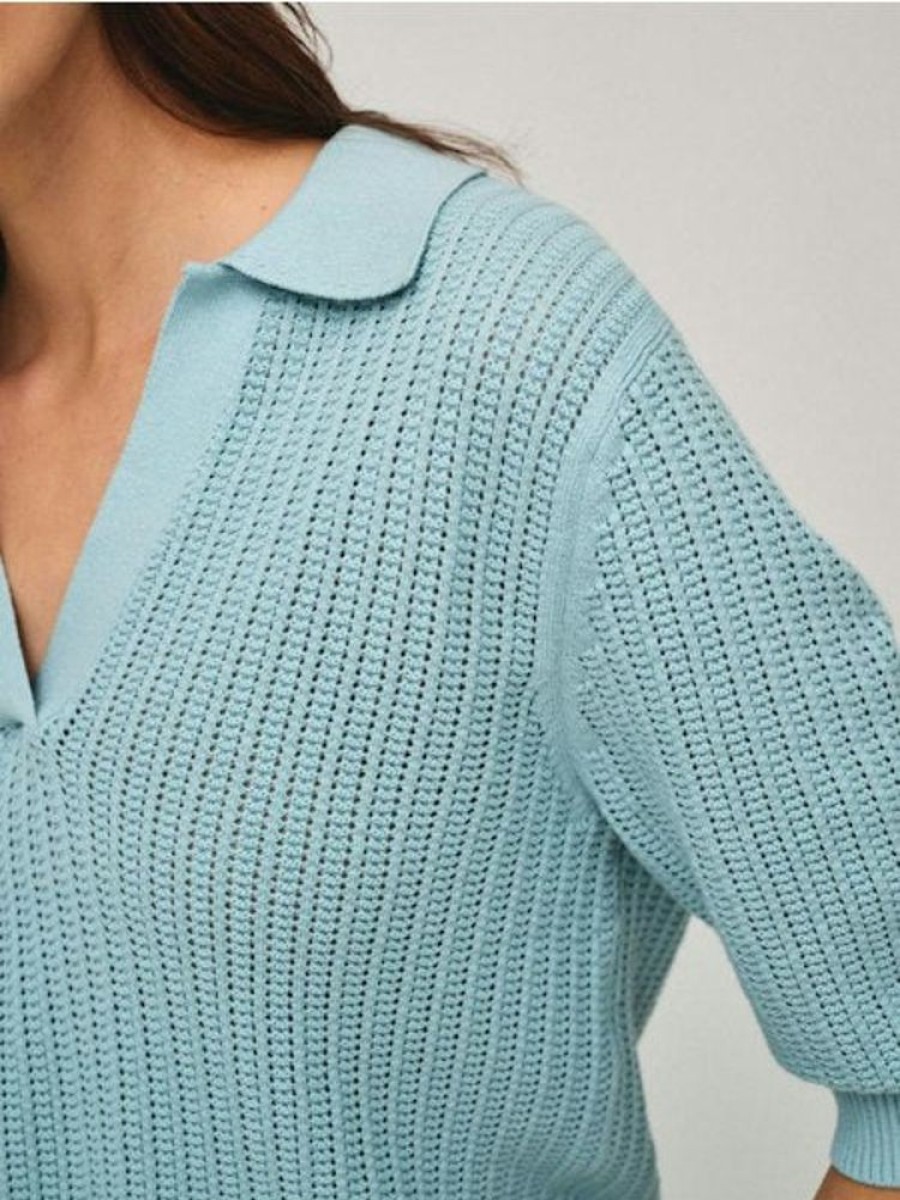 Apparel White + Warren | Organic Cotton Cashmere Mesh Polo Top Soft Aqua