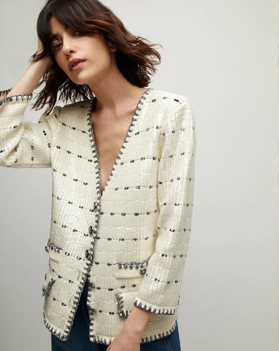 Apparel Veronica Beard | Ceriani Sequined Knit Jacket Off White Navy