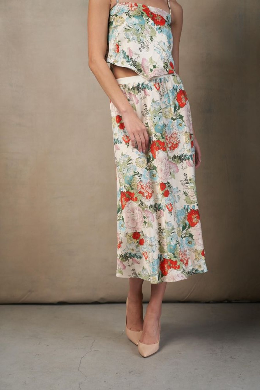 Apparel Rose & Crown | Satin Midi Skirt Asian Flower