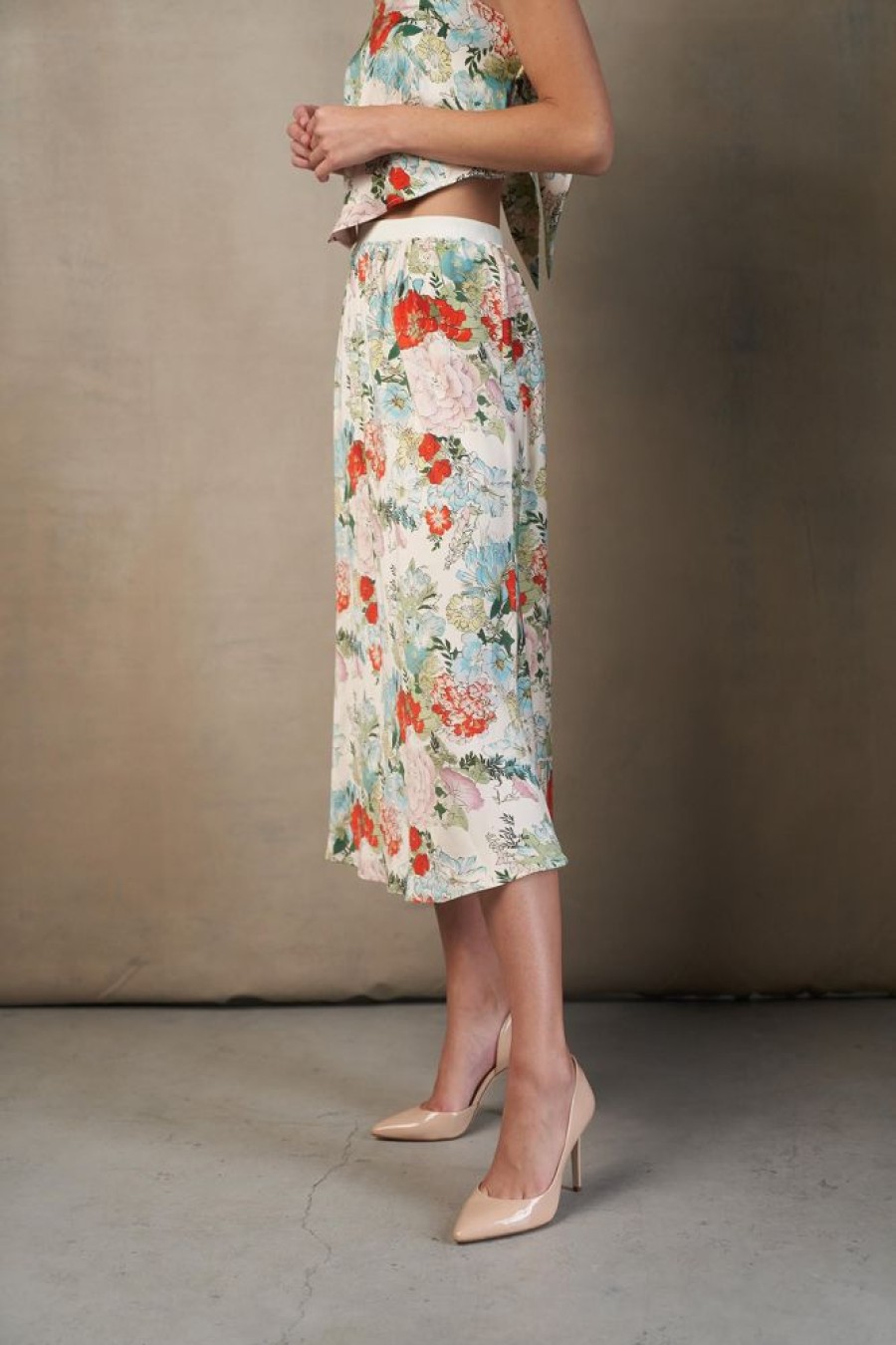 Apparel Rose & Crown | Satin Midi Skirt Asian Flower