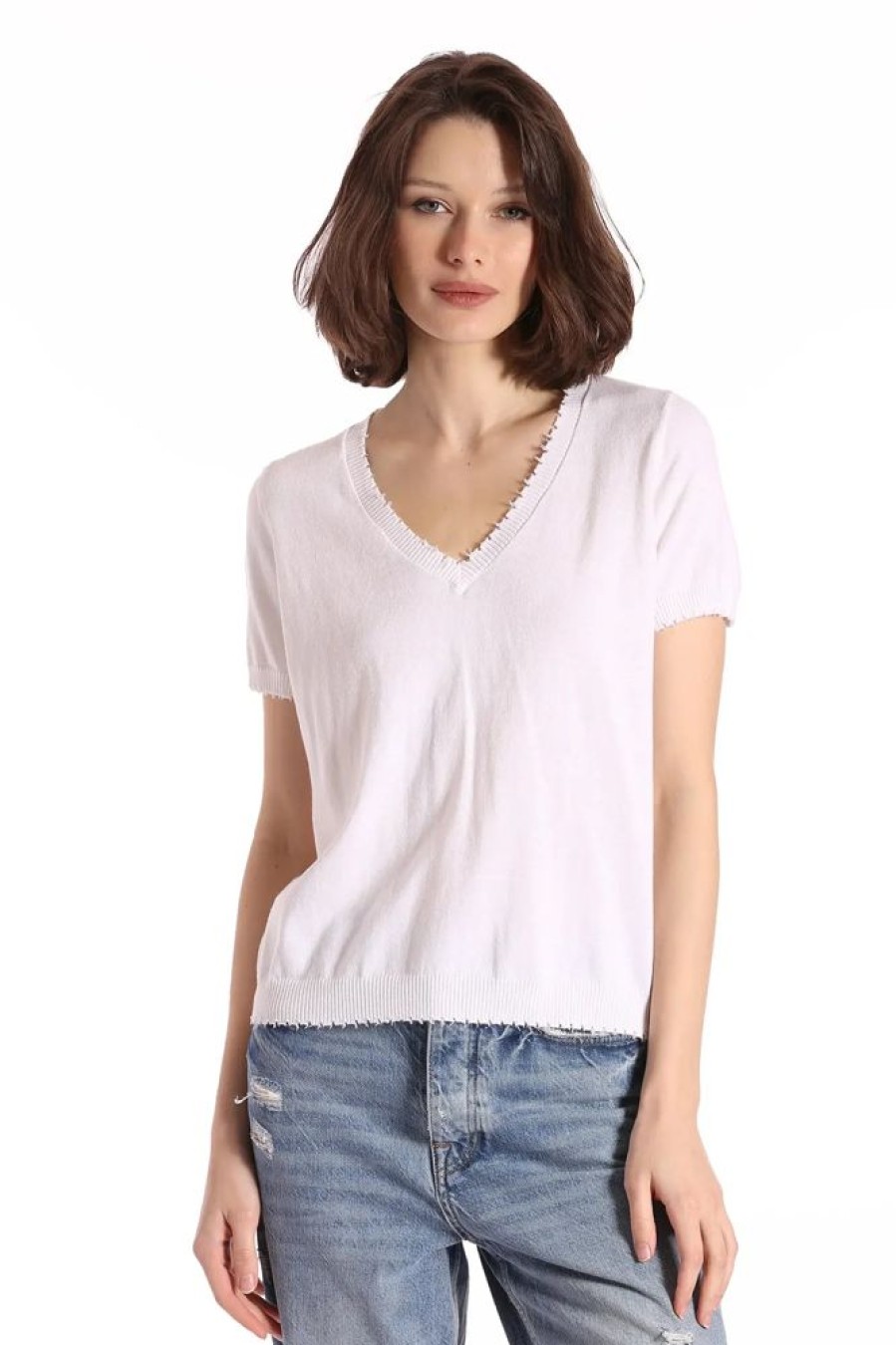 Apparel Minnie Rose | Cotton Cashmere Frayed V-Neck Tee White