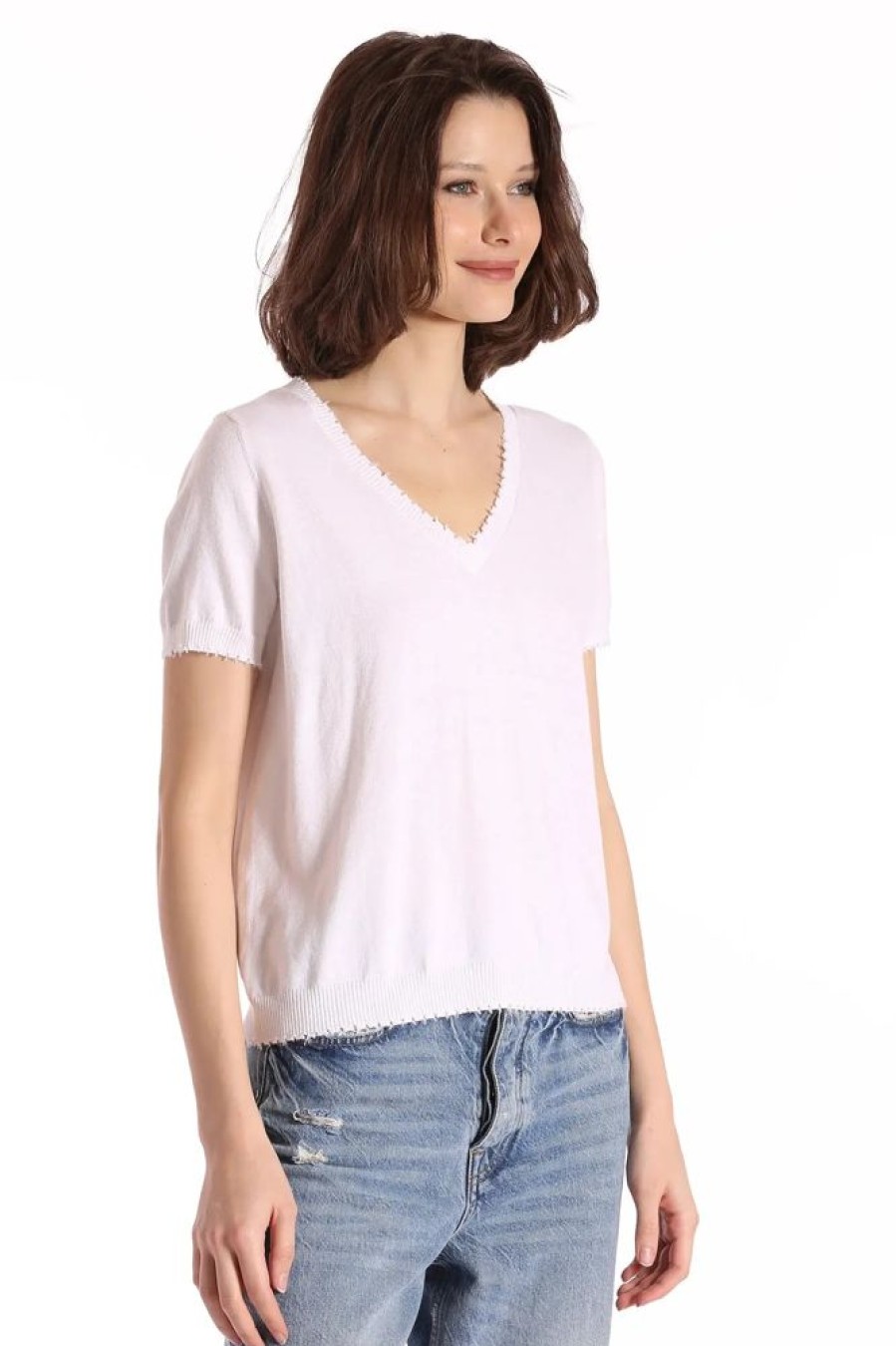 Apparel Minnie Rose | Cotton Cashmere Frayed V-Neck Tee White